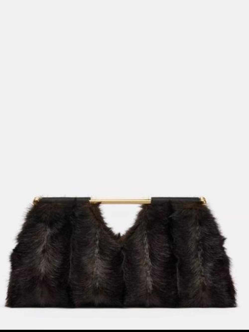 Zara NWT Brown Faux Fur Clutch Bag Gold Handle Oversized Handbag